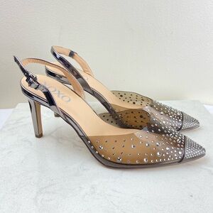 XOXO Lilly Silver Rhinestone Pointed Toe Slingback Metallic Heels – Size 8M